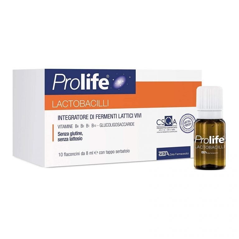 Prolife Lactobacilli Integratore di fermenti lattici vivi. Contiene Vitamine del gruppo B. In particolare le Vitamine B6 e B12, Vitamine B1 e B2. Ingredienti Flacone: Acqua depurata, Fruttosio, Glucoligosaccaride, Aroma; Acidificante: Acido citrico; Conservanti: E202, E211. Tappo serbatoio: Maltodestrine; Fermenti lattici vivi: Lactobacillus acidophilus La-14, Bacillus coagulans MTCC 5260 (Lactobacillus sporogenes), Bifidobacterium lactis HN019, Bifibacterium BI-04, Lactobacillus plantarum Lp-115; amido di Mais, Vitamina B6 (Cloridrato di piridossina), Vitamina B1 (Cloridrato di tiamina), Vitamina B2 (Riboflavina); Agenti antiagglomeranti: biossido di Silicio, magnesio stearato; Vitamina B12 (Cianocobalamina). Senza glutine e senza lattosio. Caratteristiche nutrizionali per 1 flaconcino Fermenti lattici vivi 4,3 Mld Glucoligosaccaride 80 mg Vitamina B1 0,66 mg Vitamina B2 0,7 mg Vitamina B6 0,84 mg Vitamina B12 1 mcg Modalità d'uso Assumere 1 flaconcino al giorno a stomaco pieno. Miscelare il contenuto del tappo-serbatoio con quello del flaconcino. Agitare per 15 secondi. Assumere a stomaco pieno, per mantenere più a lungo la vitalità e l'efficacia dei fermenti lattici. Avvertenze Gli integratori non vanno intesi come sostituti di una dieta variata. Tenere fuori dalla portata dei bambini al di sotto dei 3 anni di età. Non superare la dose giornaliera raccomandata. Formato 10 flaconcini da 8 ml con tappo serbatoio.